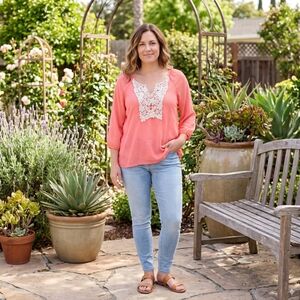 Women’s Color Of Love Peach Colored Lightweight Cool Breezy Blouse With Lace, Lg